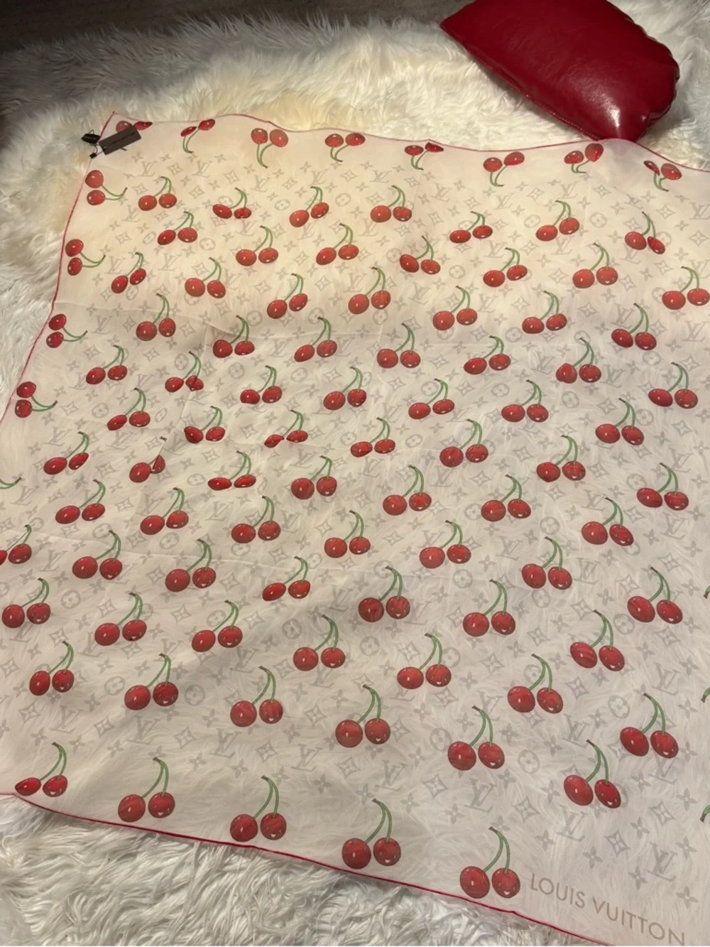 LOUIS VUlTTON 100% silk cherry print monogram scarf 40x40 custom print design